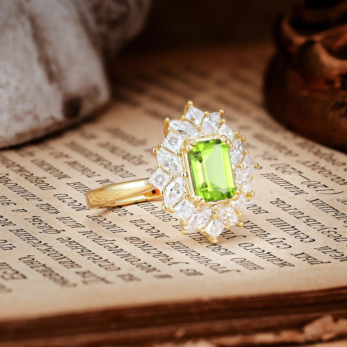 Unique & Classic 12-Prong Emerald Cut Peridot Engagement Ring