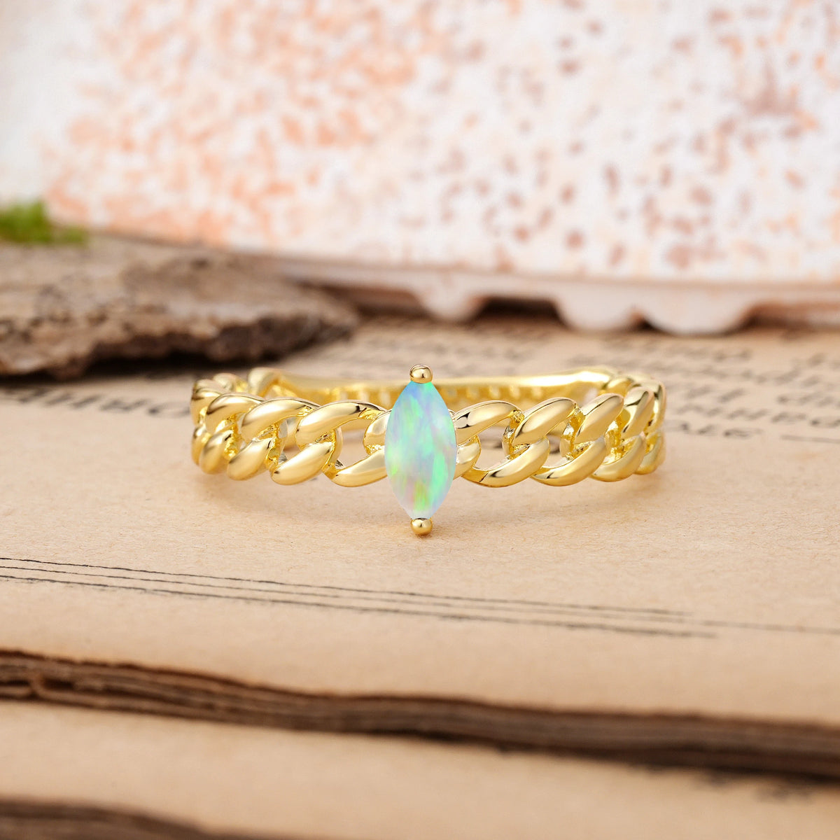 Marquise Cut Fire Opal Unique, Minimalist, Twisted 2-Prong Setting Promise Ring
