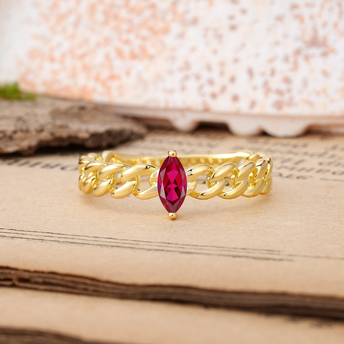 Marquise Cut Ruby Unique, Minimalist, Twisted 2-Prong Setting Promise Ring