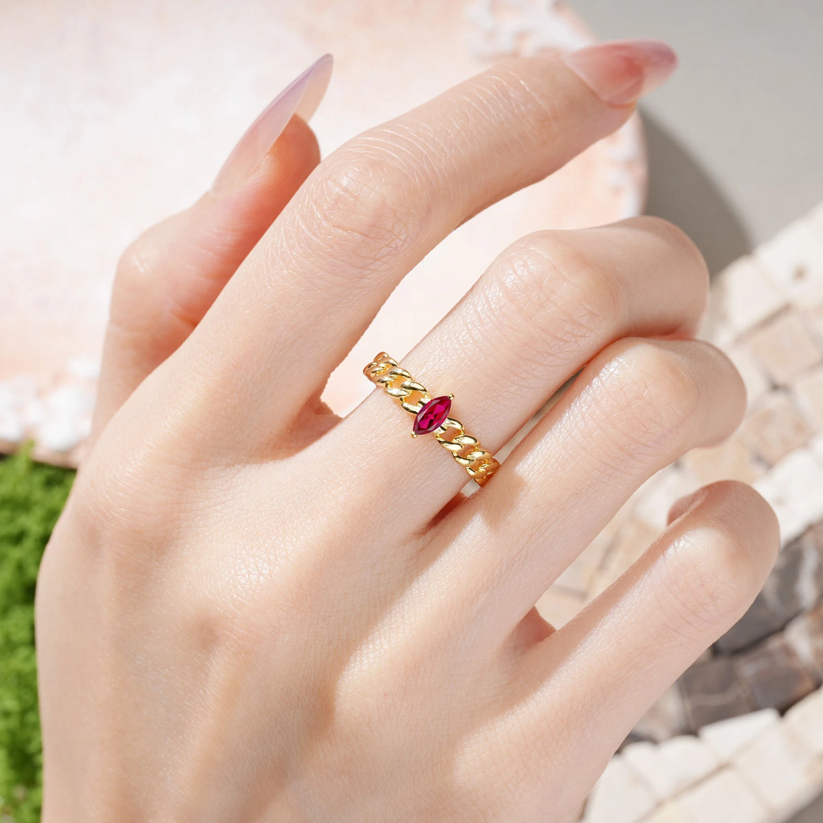 Marquise Cut Ruby Unique, Minimalist, Twisted 2-Prong Setting Promise Ring