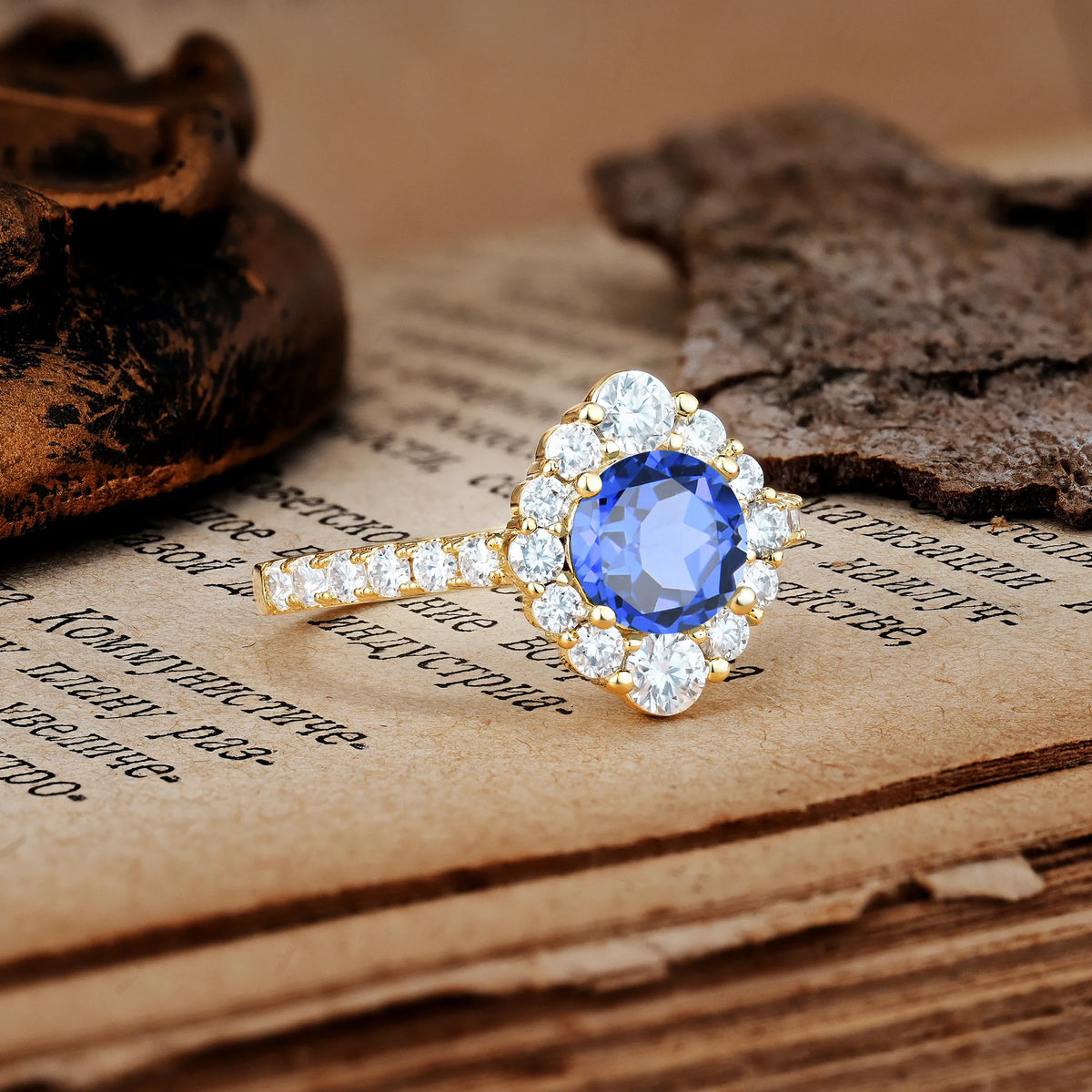 Unique Pavé Setting, Luxurious 4-Prong Round Cut Sapphire Engagement Ring