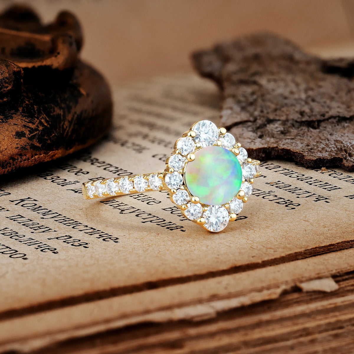 Unique Pavé Setting, Luxurious 4-Prong Round Cut Fire Opal Engagement Ring