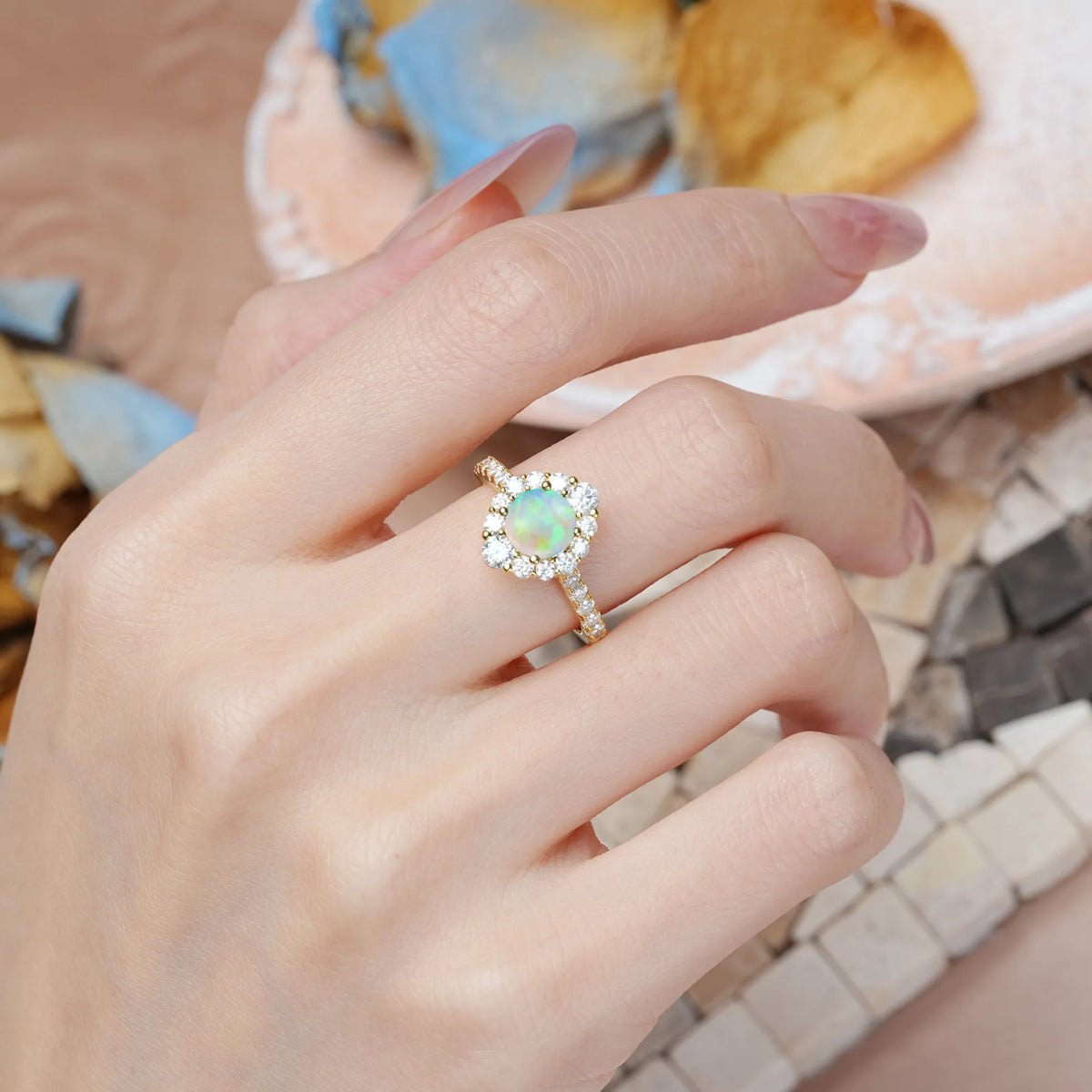 Round Cut Fire Opal Unique Pavé Setting, Luxurious 4-Prong Engagement Ring