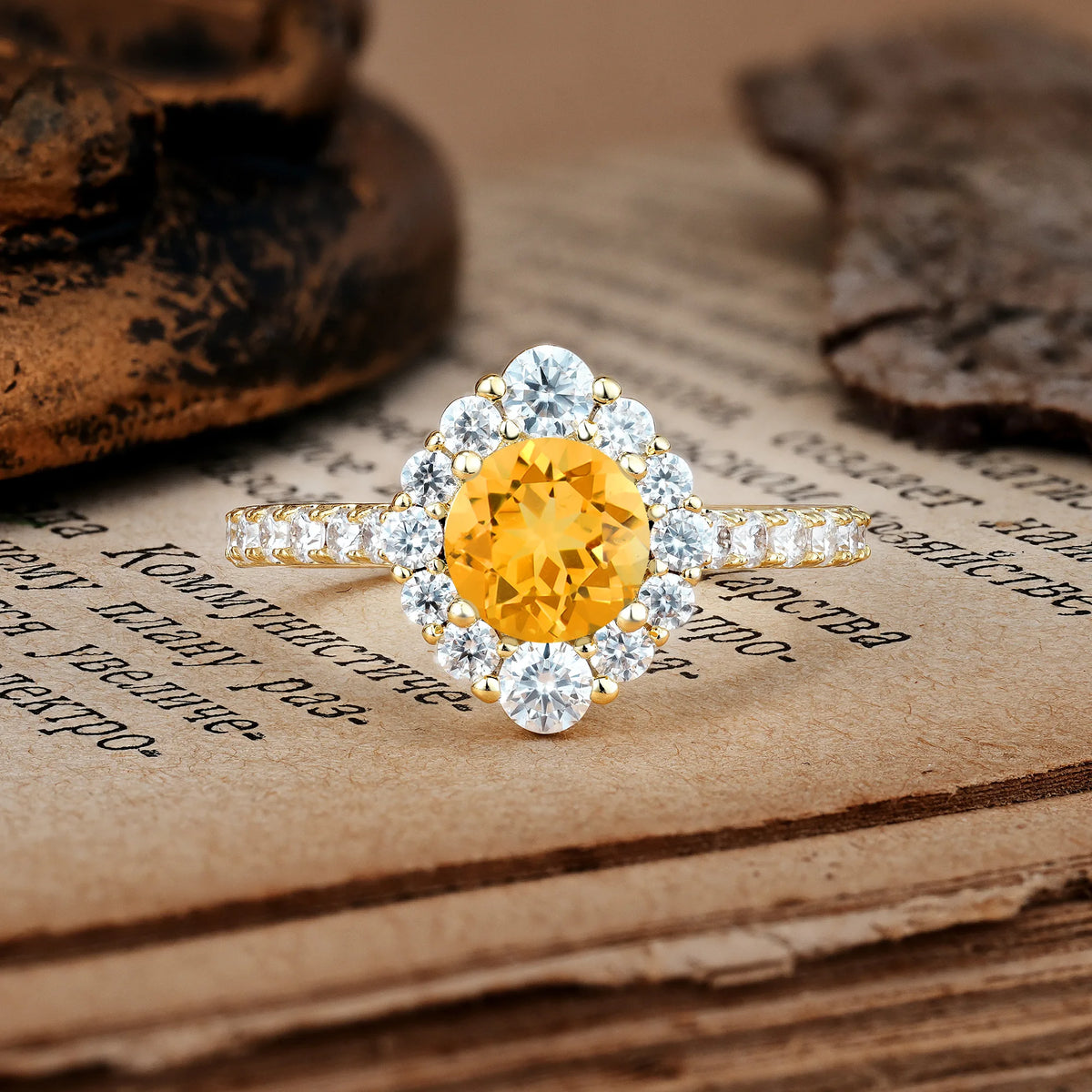 Unique Pavé Setting, Luxurious 4-Prong Round Cut Citrine Engagement Ring