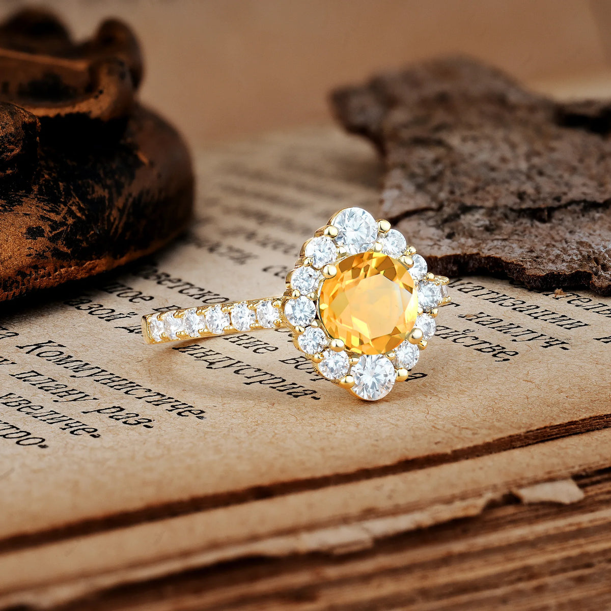 Unique Pavé Setting, Luxurious 4-Prong Round Cut Citrine Engagement Ring