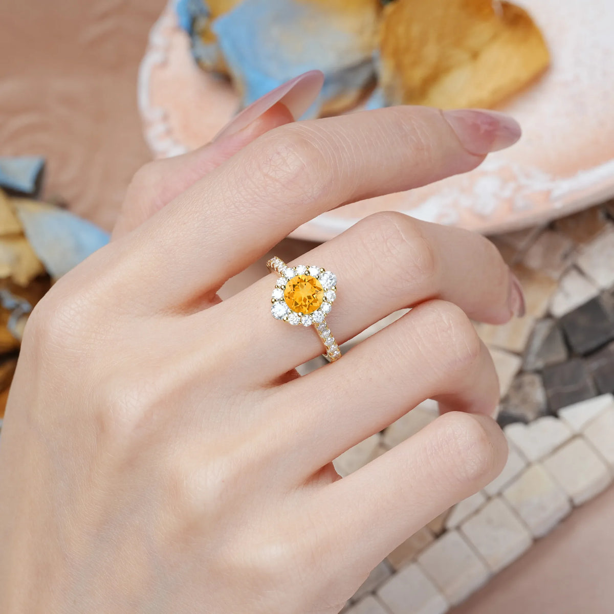 Round Cut Citrine Unique Pavé Setting, Luxurious 4-Prong Engagement Ring