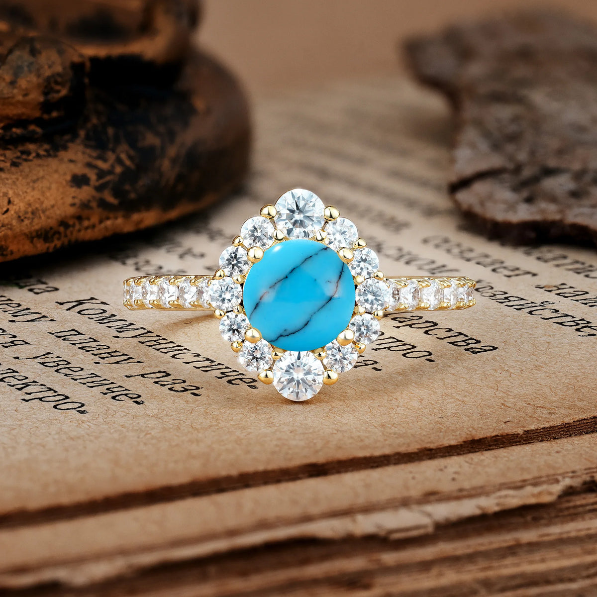 Unique Pavé Setting, Luxurious 4-Prong Round Cut Turquoise Engagement Ring