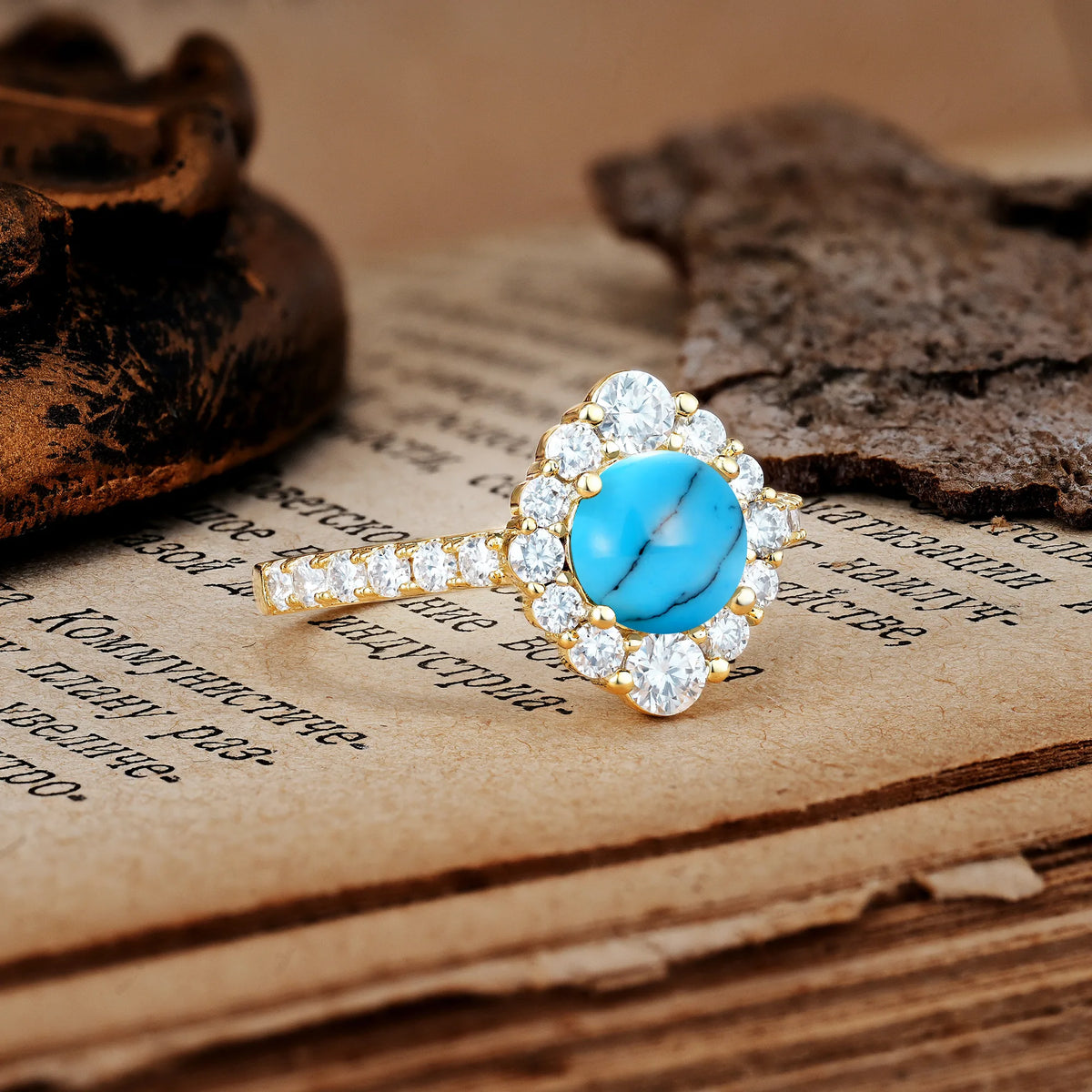 Unique Pavé Setting, Luxurious 4-Prong Round Cut Turquoise Engagement Ring