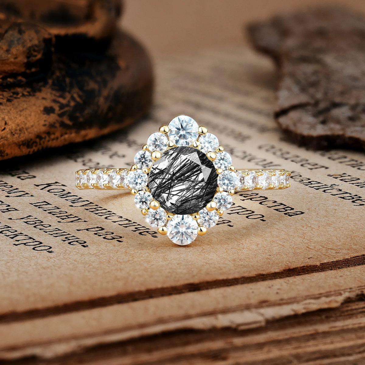 Unique Pavé Setting, Luxurious 4-Prong Round Cut Black Rutilated Quartz Engagement Ring