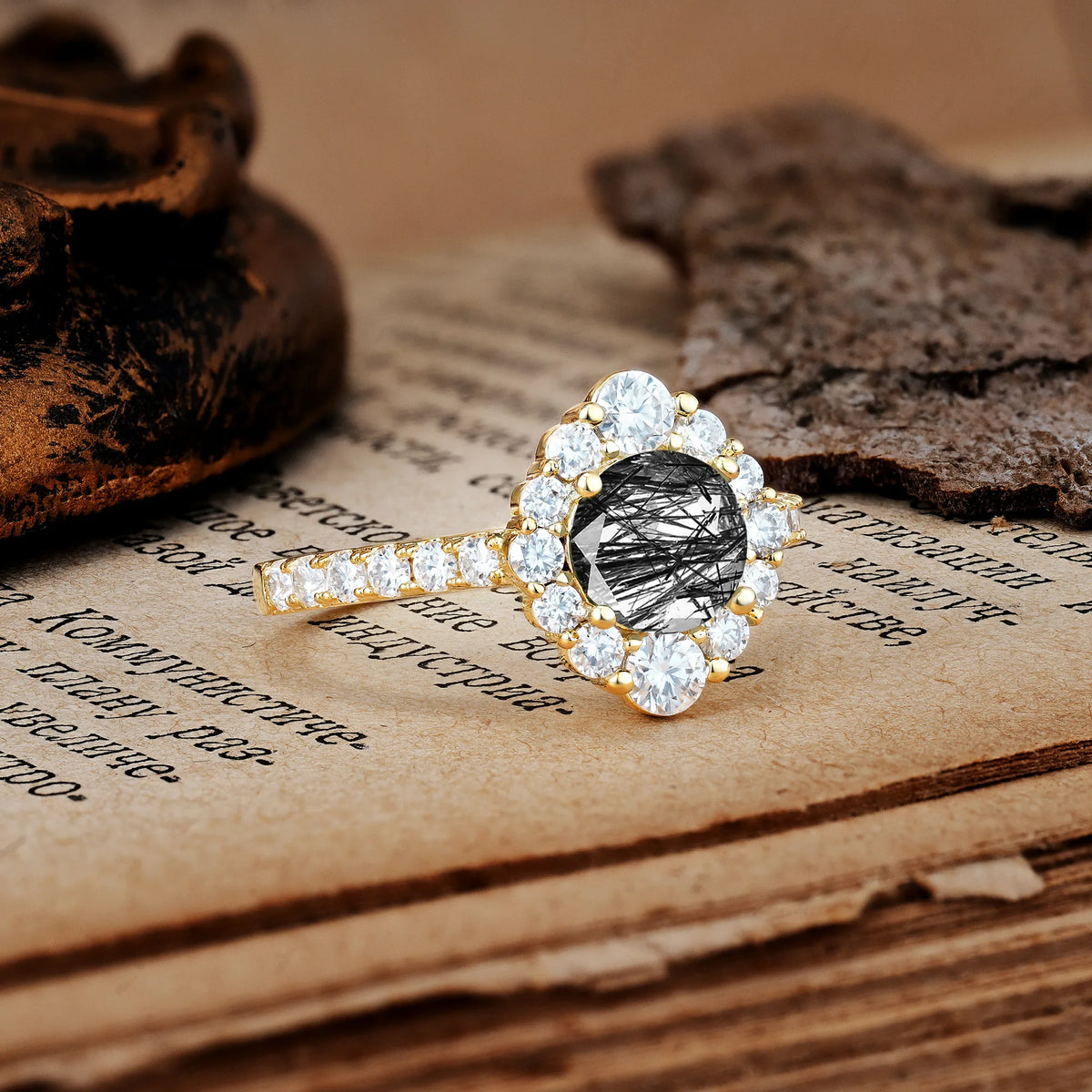 Unique Pavé Setting, Luxurious 4-Prong Round Cut Black Rutilated Quartz Engagement Ring