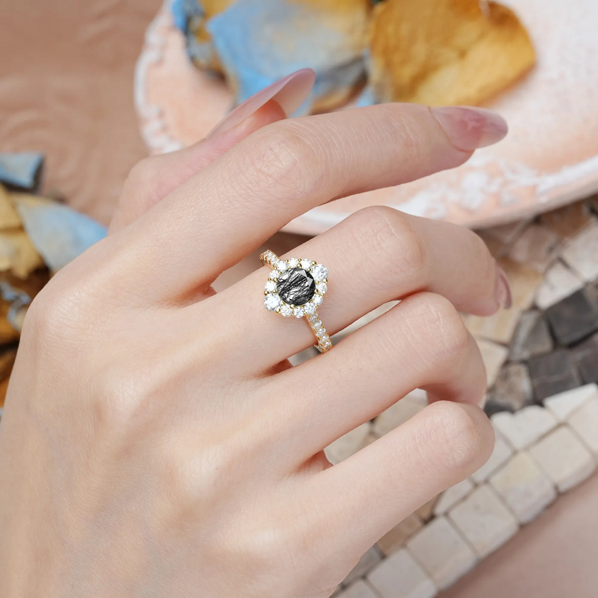 Round Cut Black Rutilated Quartz Unique Pavé Setting, Luxurious 4-Prong Engagement Ring