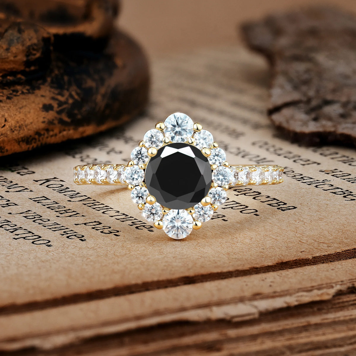Unique Pavé Setting, Luxurious 4-Prong Round Cut Black Onyx Engagement Ring
