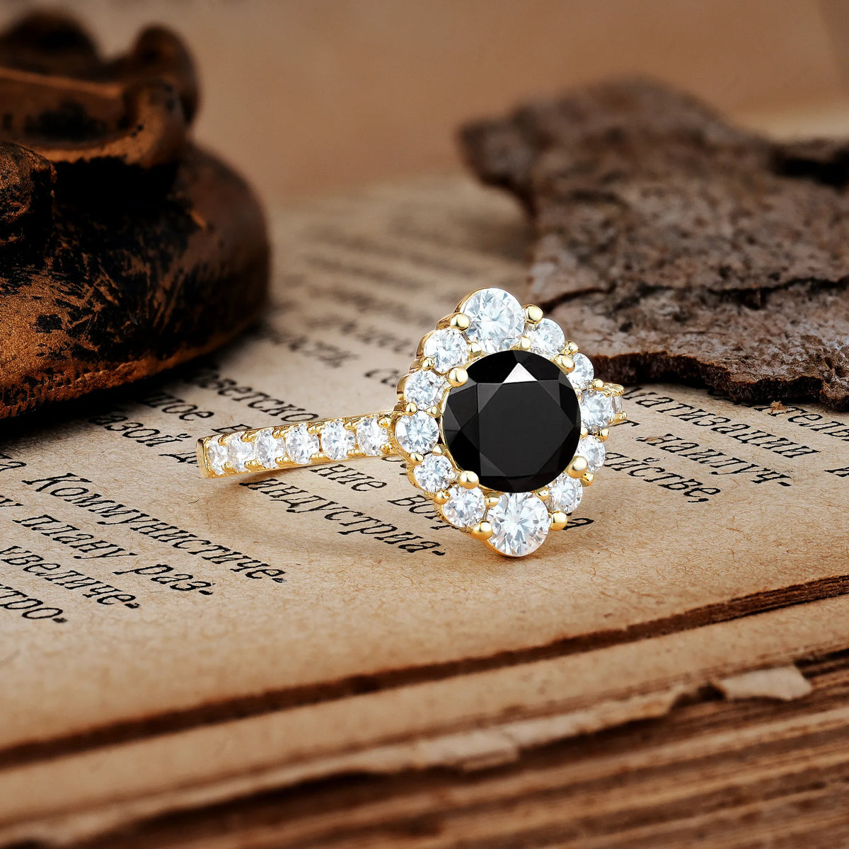 Unique Pavé Setting, Luxurious 4-Prong Round Cut Black Onyx Engagement Ring