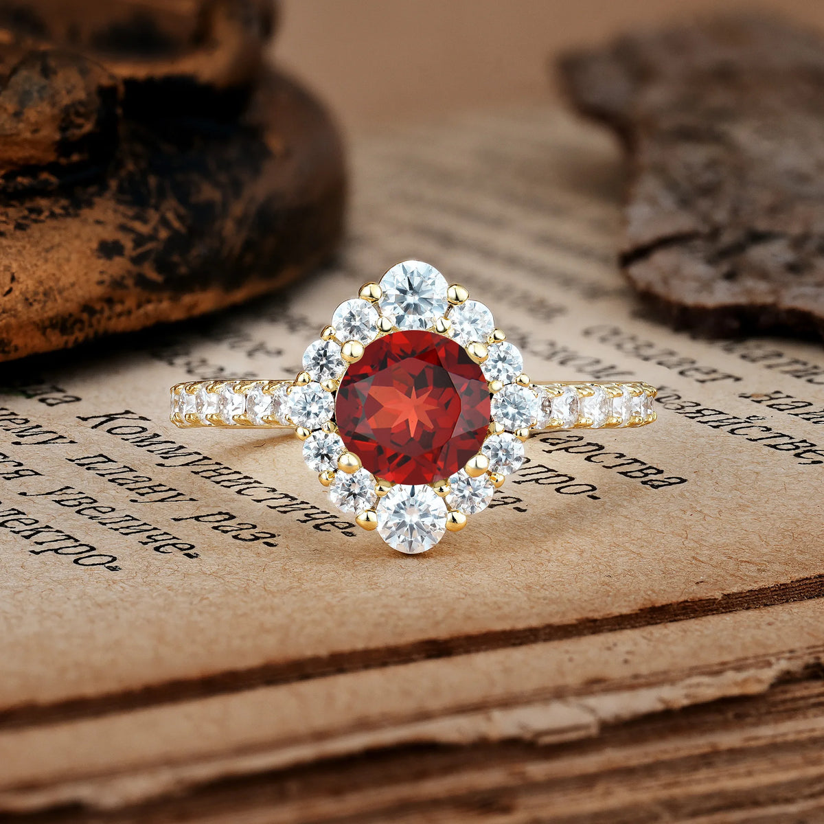 Unique Pavé Setting, Luxurious 4-Prong Round Cut Garnet Engagement Ring