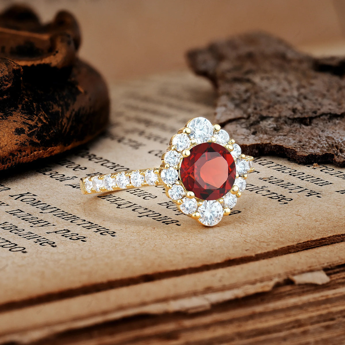 Unique Pavé Setting, Luxurious 4-Prong Round Cut Garnet Engagement Ring