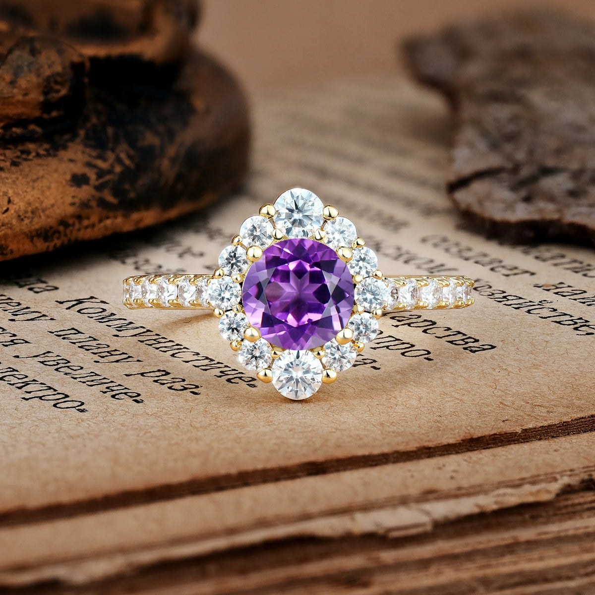 Unique Pavé Setting, Luxurious 4-Prong Round Cut Amethyst Engagement Ring