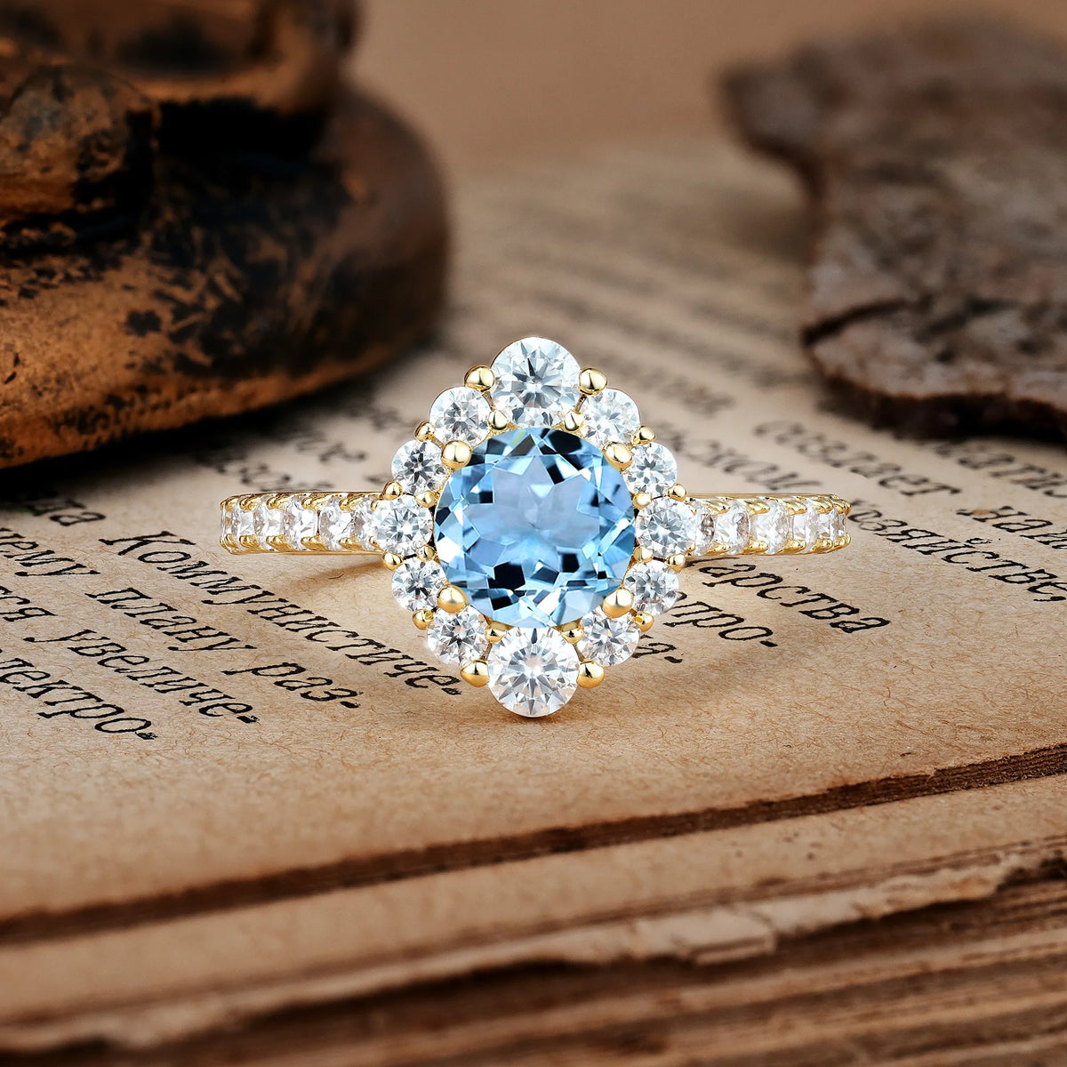 Unique Pavé Setting, Luxurious 4-Prong Round Cut Aquamarine Engagement Ring