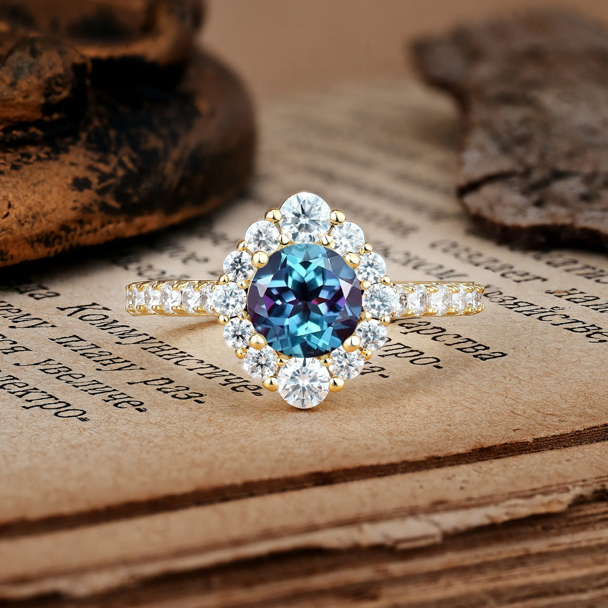 Unique Pavé Setting, Luxurious 4-Prong Round Cut Alexandrite Engagement Ring