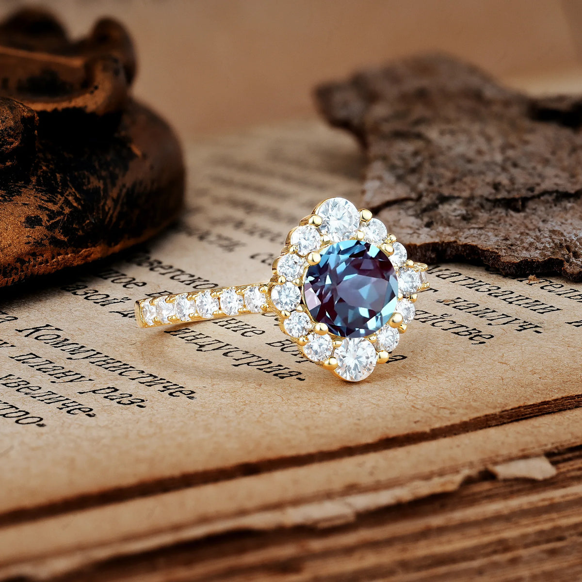 Unique Pavé Setting, Luxurious 4-Prong Round Cut Alexandrite Engagement Ring