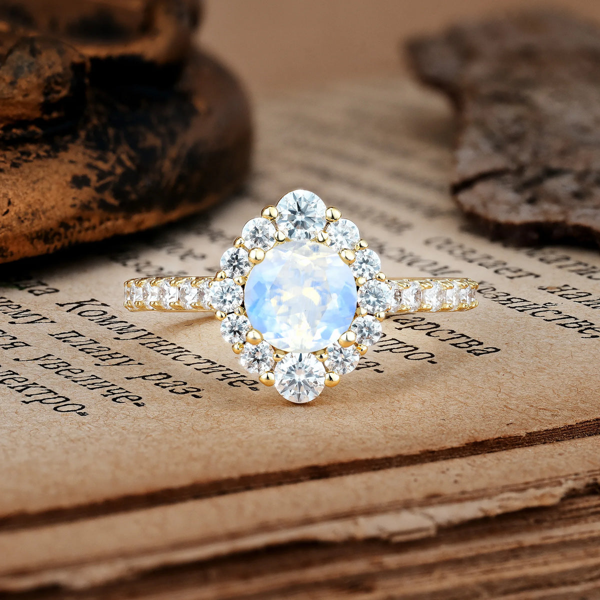 Unique Pavé Setting, Luxurious 4-Prong Round Cut Moonstone Engagement Ring