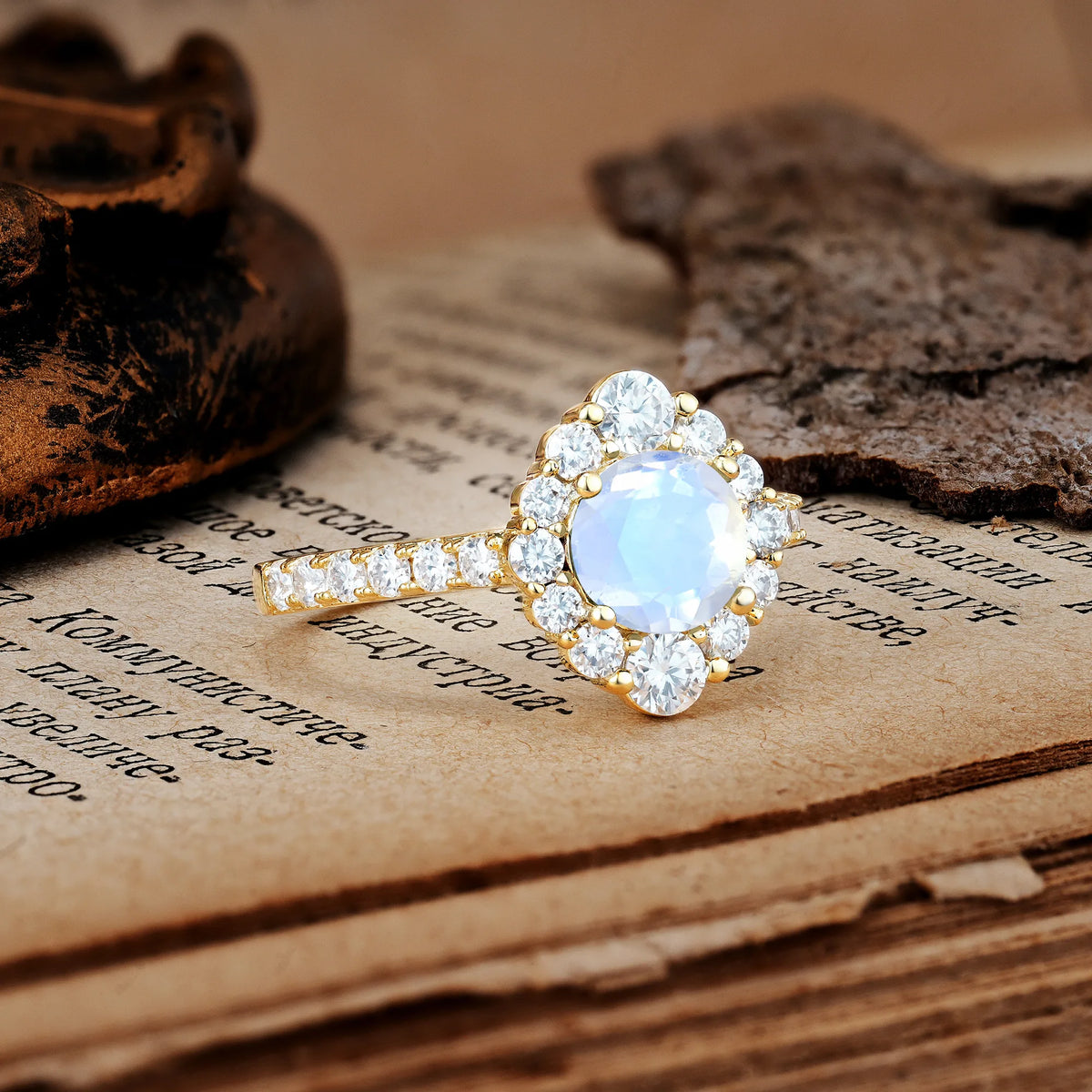 Unique Pavé Setting, Luxurious 4-Prong Round Cut Moonstone Engagement Ring
