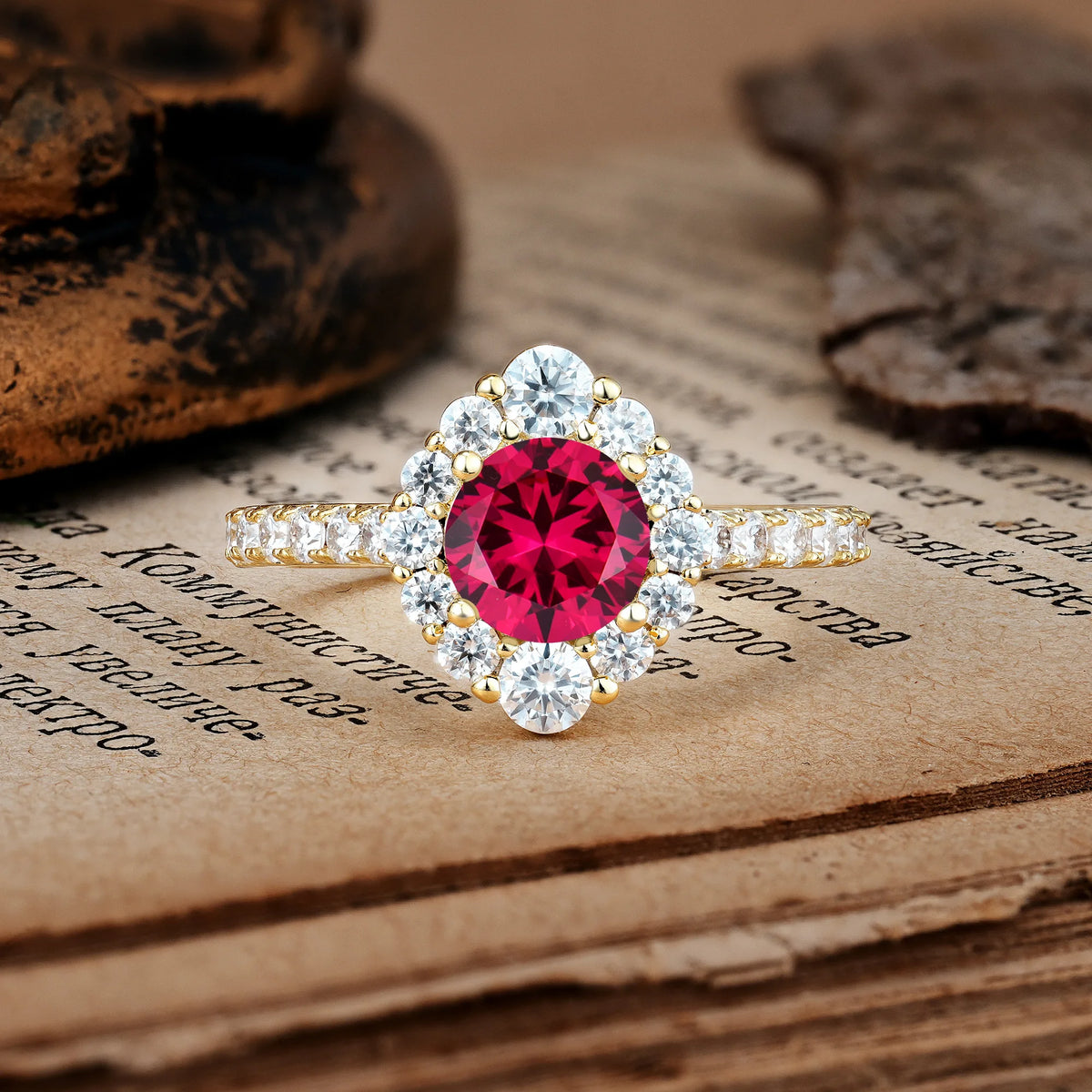 Unique Pavé Setting, Luxurious 4-Prong Round Cut Ruby Engagement Ring
