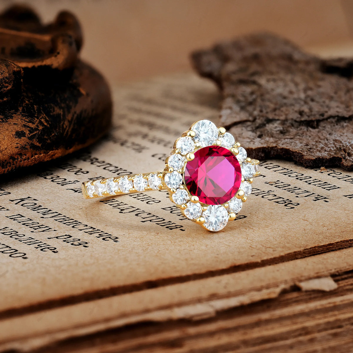 Unique Pavé Setting, Luxurious 4-Prong Round Cut Ruby Engagement Ring