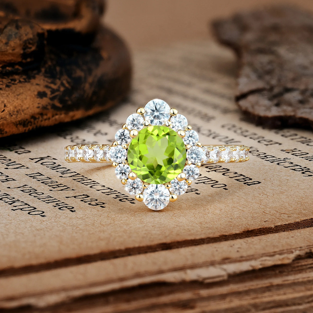 Unique Pavé Setting, Luxurious 4-Prong Round Cut Peridot Engagement Ring