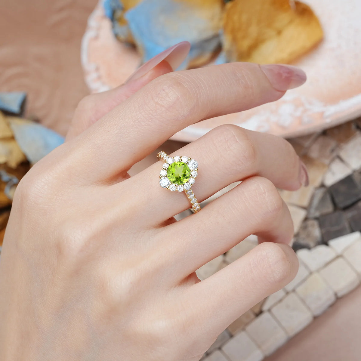 Round Cut Peridot Unique Pavé Setting, Luxurious 4-Prong Engagement Ring