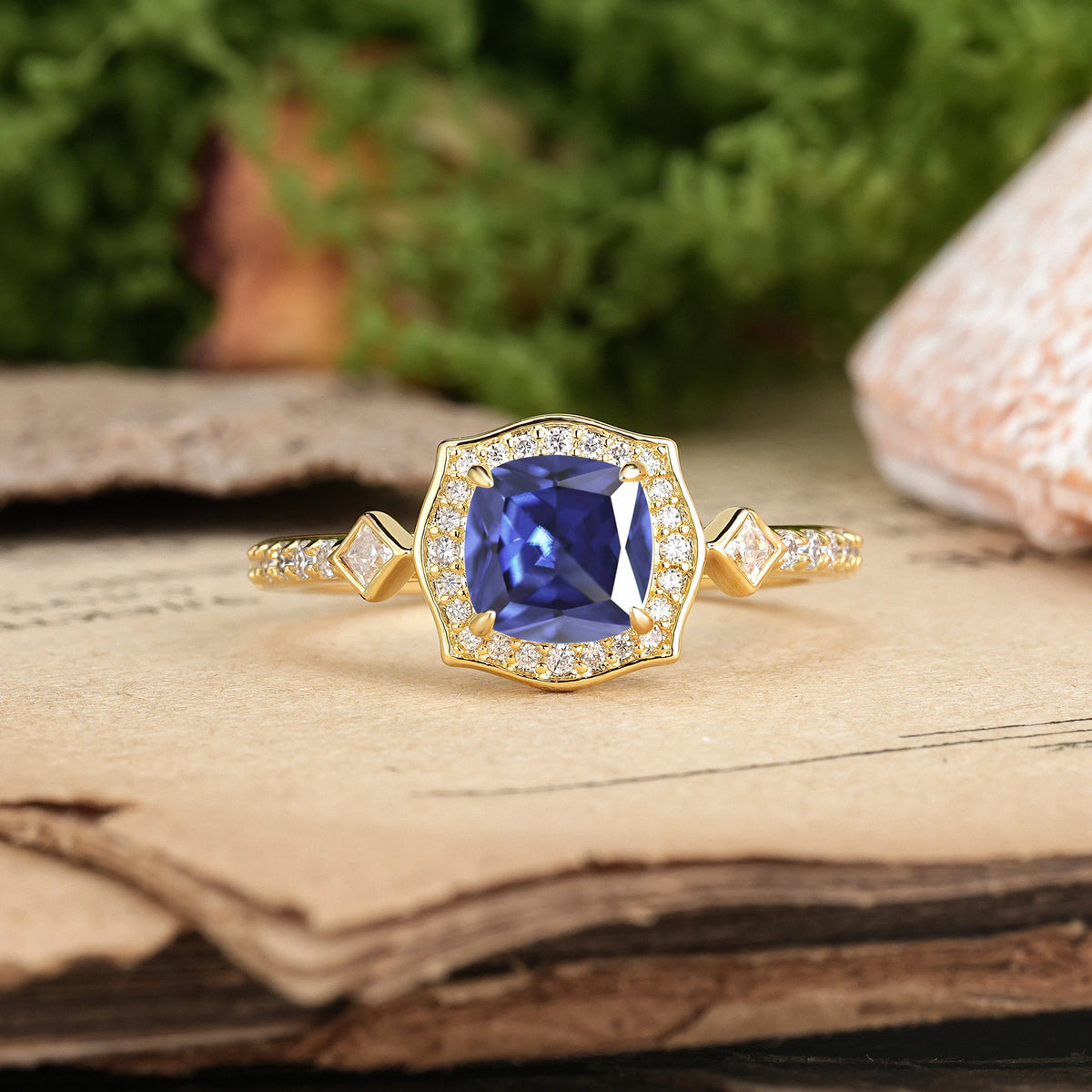 Princess Cut Tanzanite Vintage-Style, Multi-Row Diamond, Luxurious 4-Prong Engagement Ring