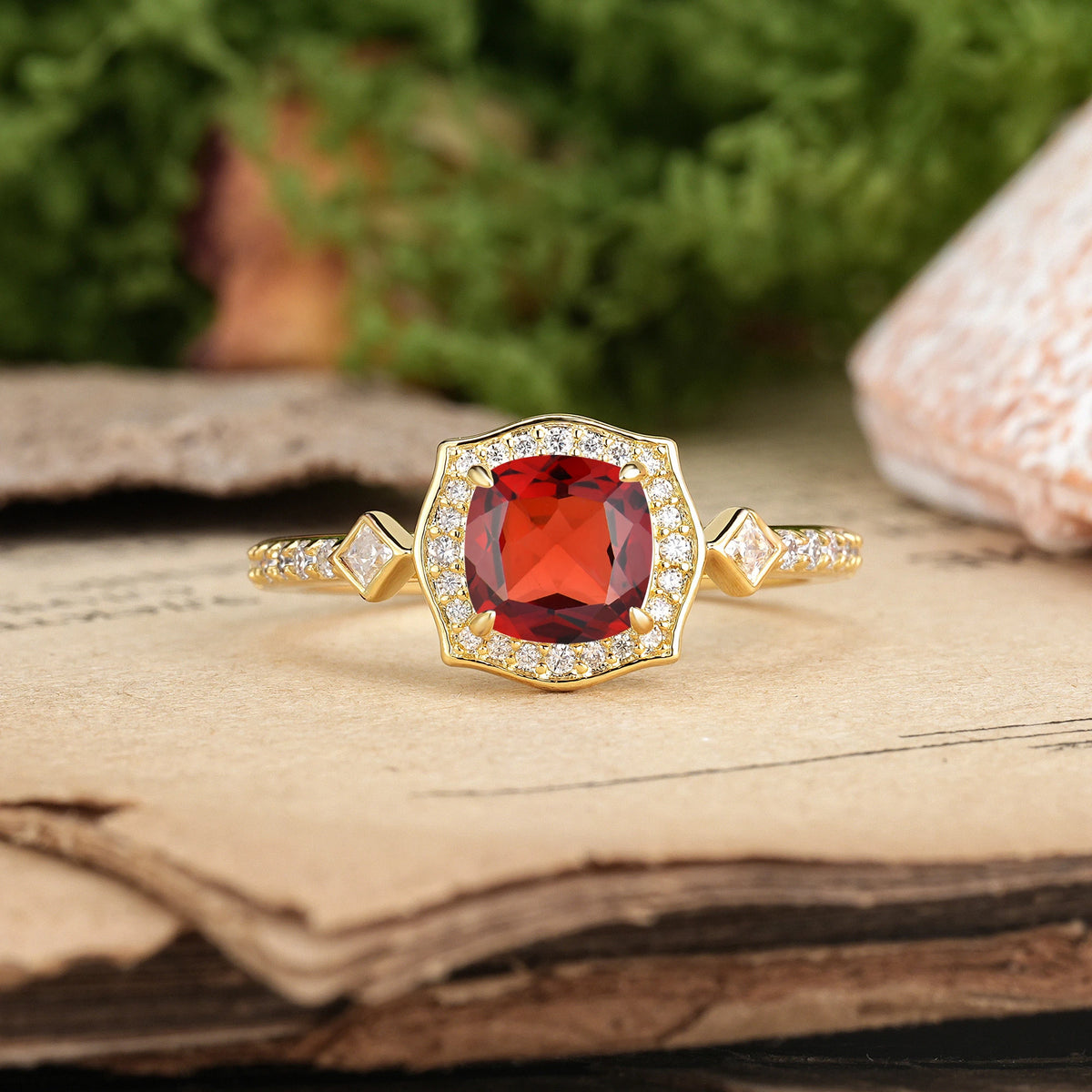 Princess Cut Garnet Vintage-Style, Multi-Row Diamond, Luxurious 4-Prong Engagement Ring