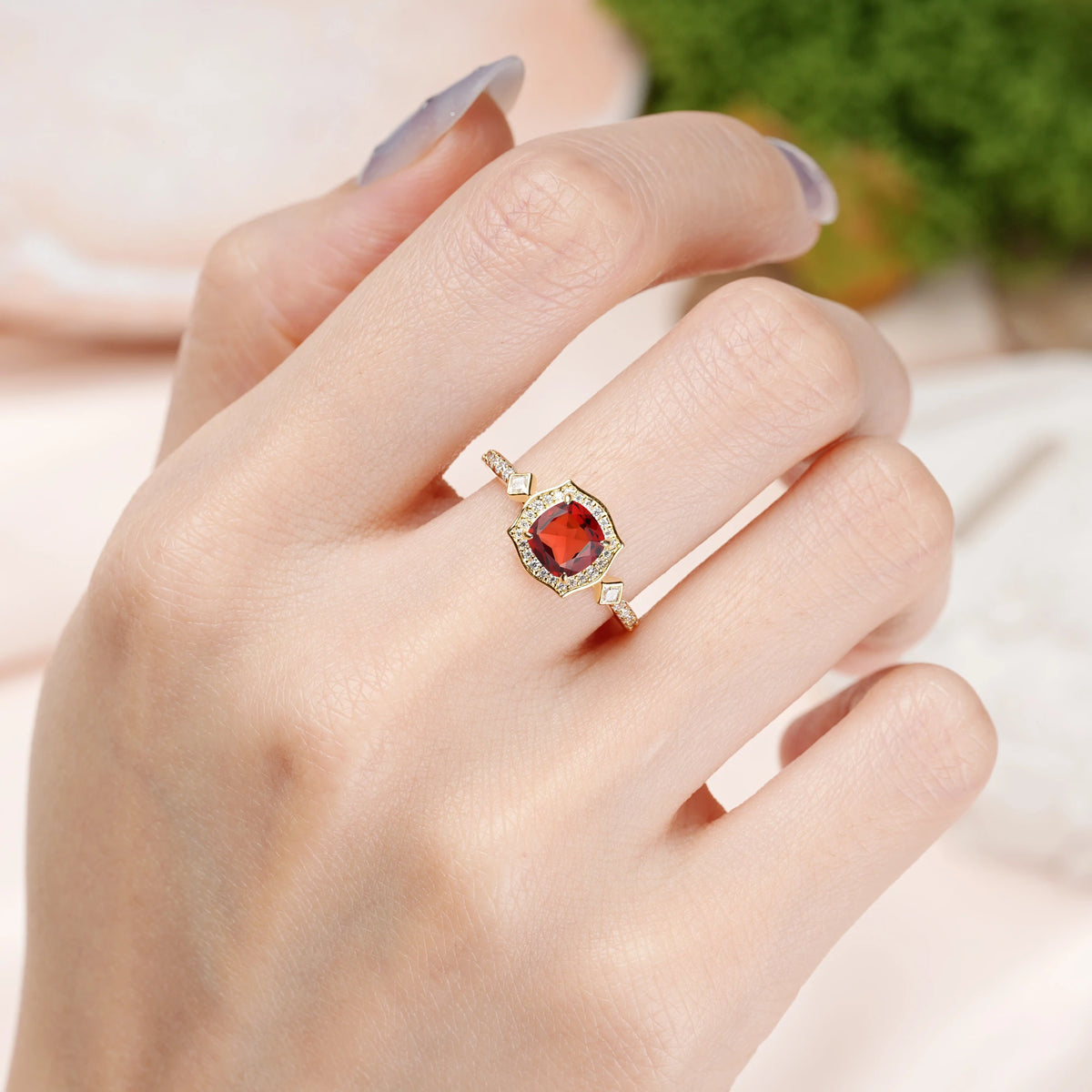 Princess Cut Garnet Vintage-Style, Multi-Row Diamond, Luxurious 4-Prong Engagement Ring