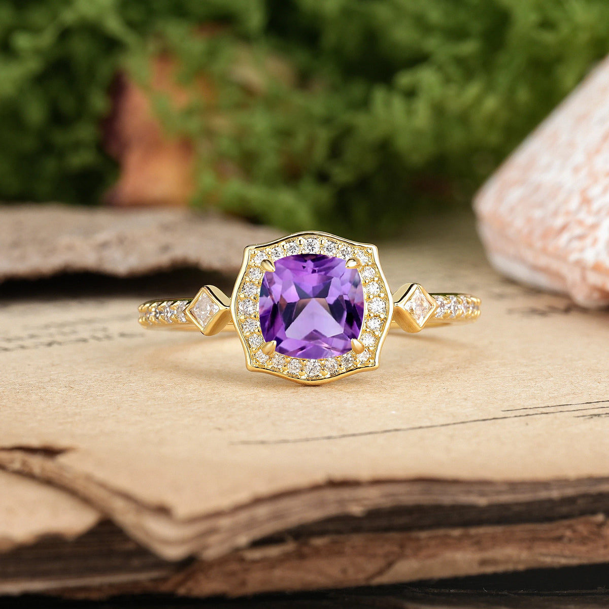 Princess Cut Amethyst Vintage-Style, Multi-Row Diamond, Luxurious 4-Prong Engagement Ring