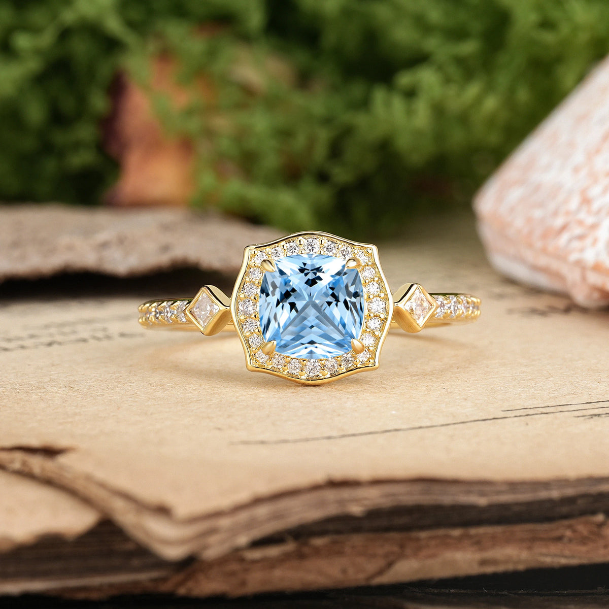 Princess Cut Aquamarine Vintage-Style, Multi-Row Diamond, Luxurious 4-Prong Engagement Ring