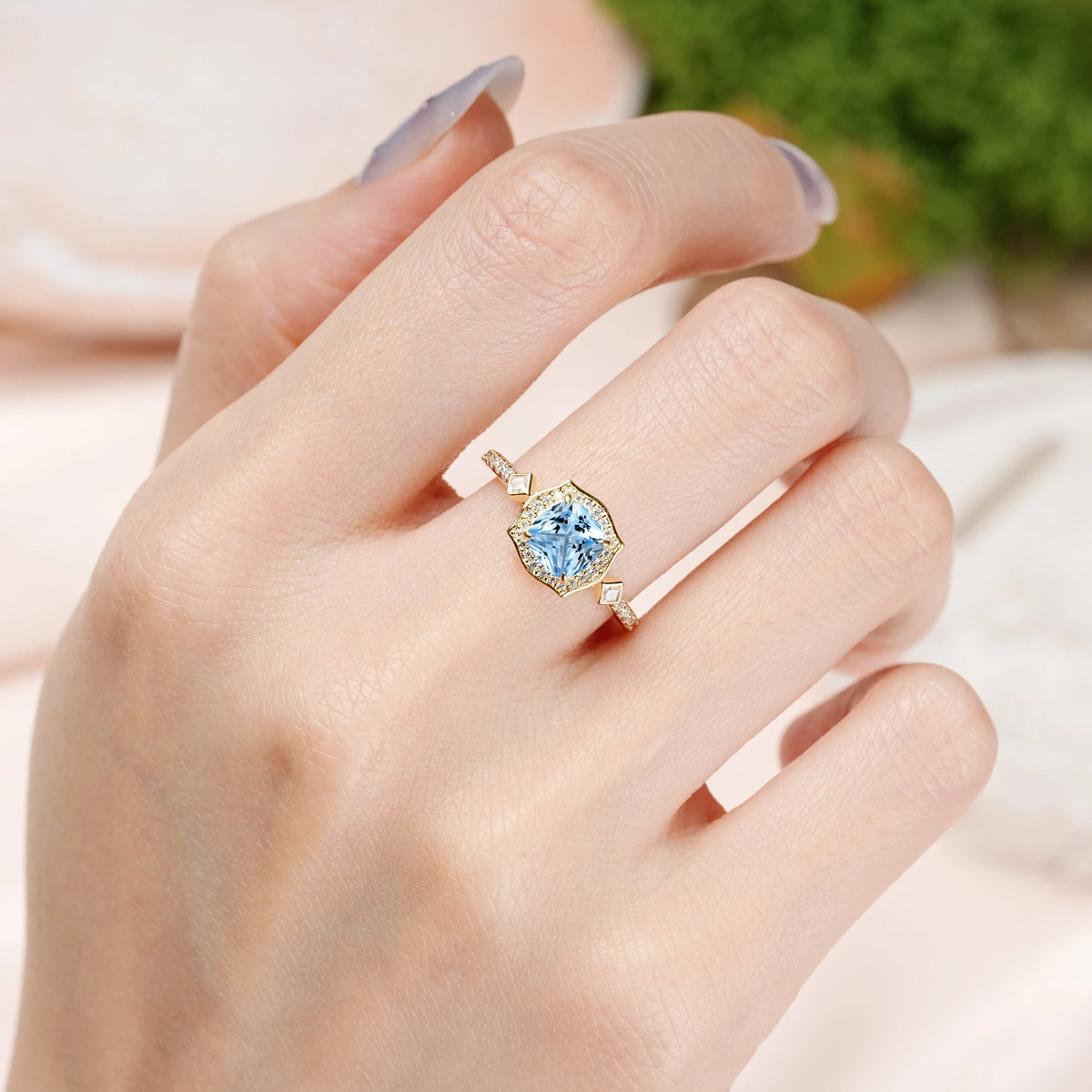 Princess Cut Aquamarine Vintage-Style, Multi-Row Diamond, Luxurious 4-Prong Engagement Ring