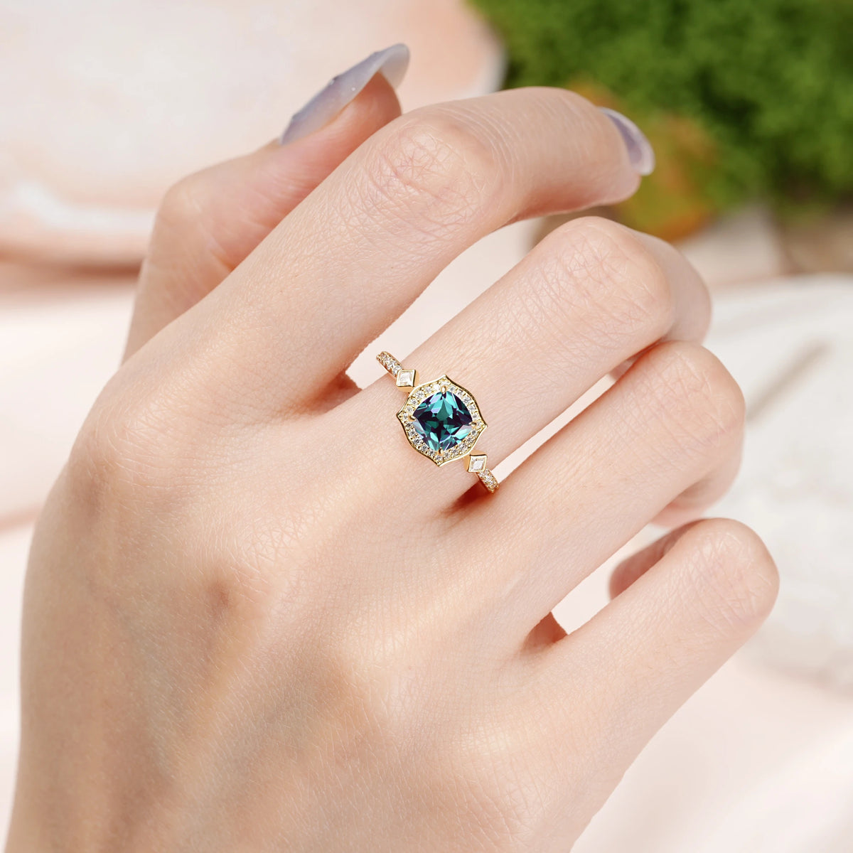 Princess Cut Alexandrite Vintage-Style, Multi-Row Diamond, Luxurious 4-Prong Engagement Ring