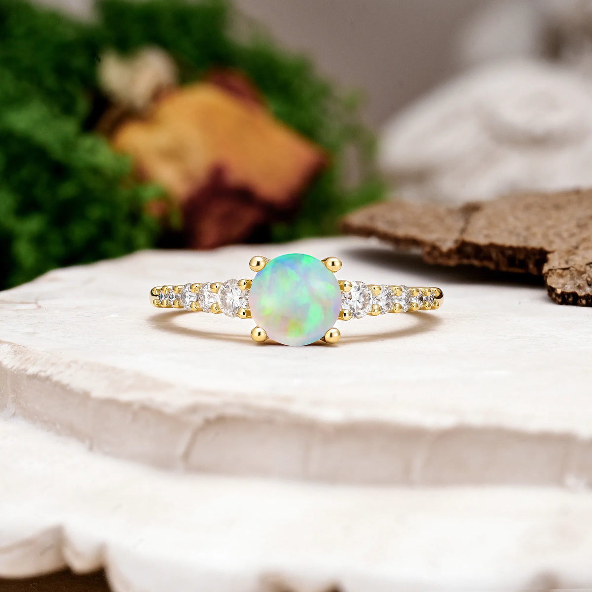 Round Cut Fire Opal Classic Pavé-Set Ring Simple 4-Prong Engagement Ring
