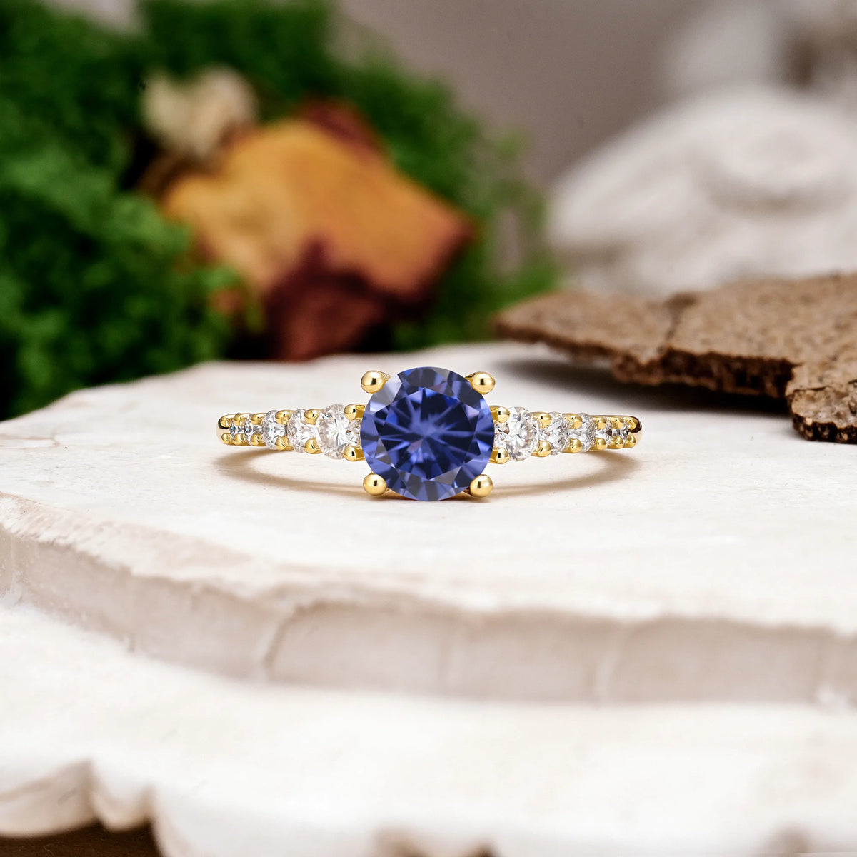 Round Cut Tanzanite Classic Pavé-Set Ring Simple 4-Prong Engagement Ring