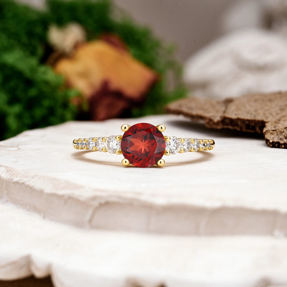 Round Cut Garnet Classic Pavé-Set Ring Simple 4-Prong Engagement Ring