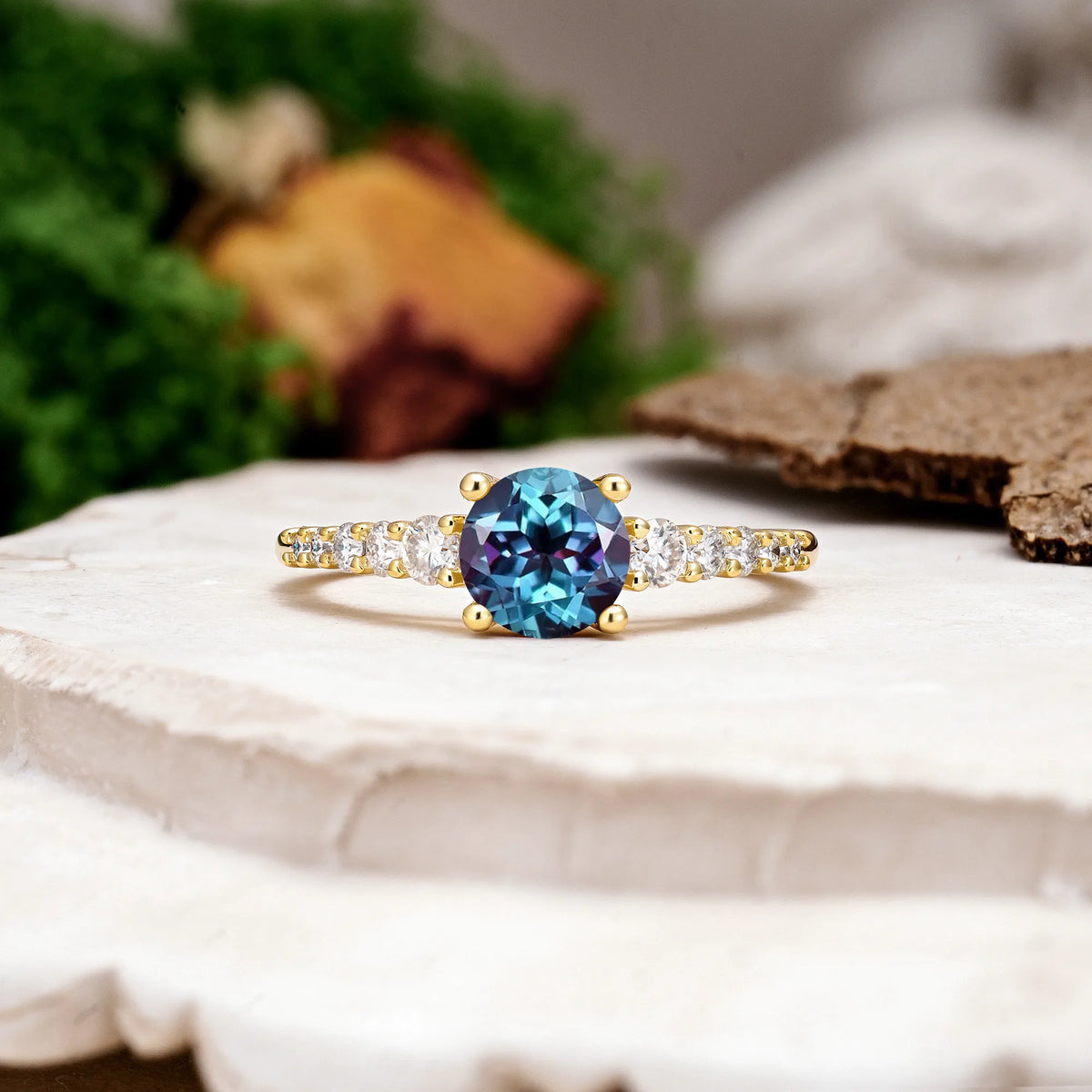Round Cut Alexandrite Classic Pavé-Set Ring Simple 4-Prong Engagement Ring