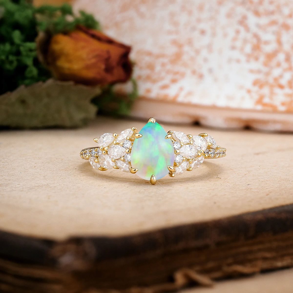 Pear Cut Fire Opal Luxurious Pavé-Set Diamonds, Unique 6-Prong Engagement Ring
