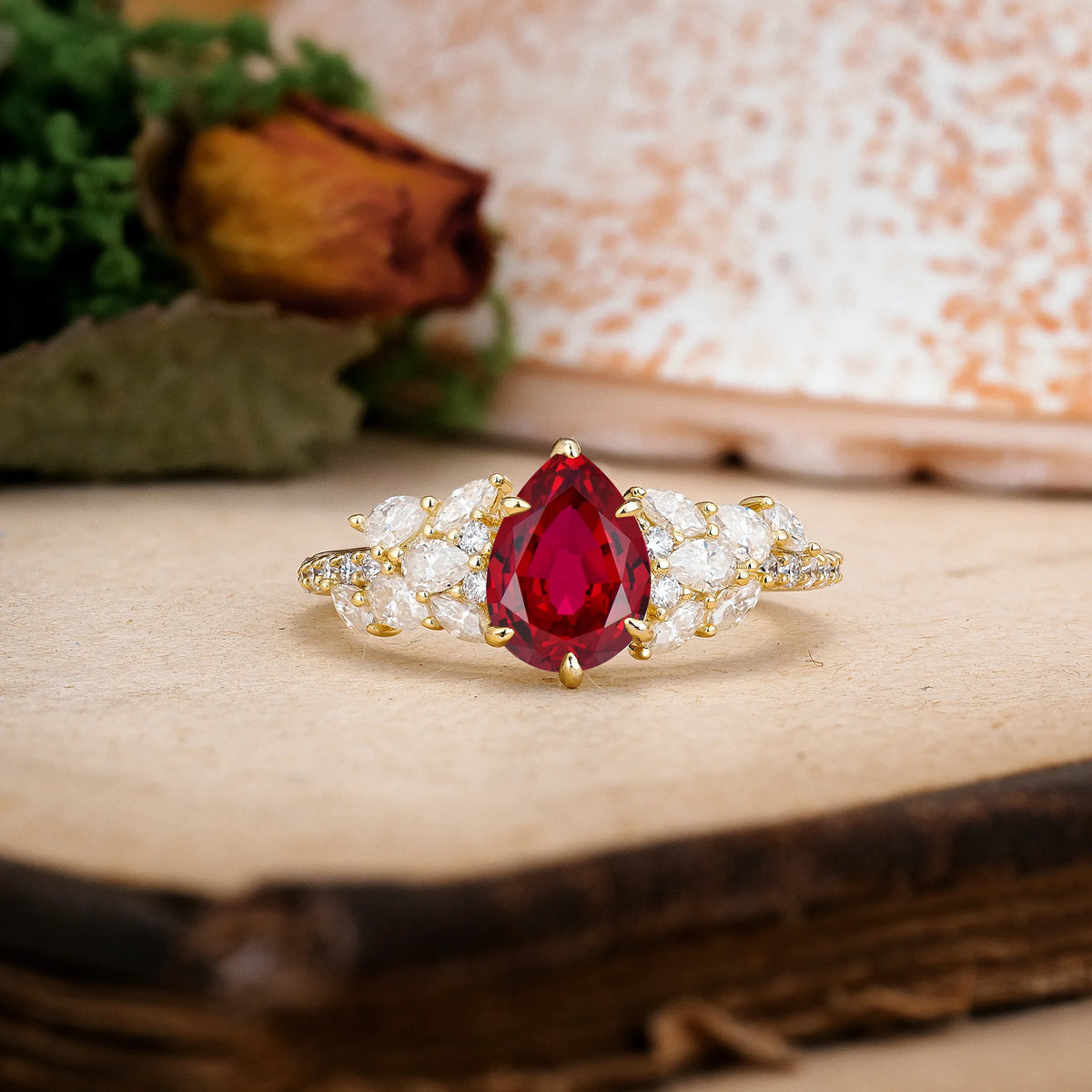 Pear Cut Ruby Luxurious Pavé-Set Diamonds, Unique 6-Prong Engagement Ring