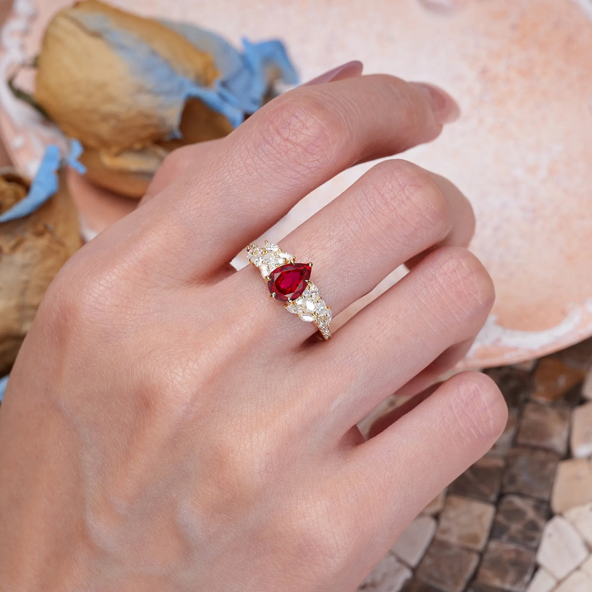 Pear Cut Ruby Luxurious Pavé-Set Diamonds, Unique 6-Prong Engagement Ring