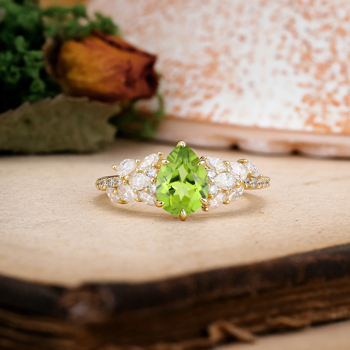 Pear Cut Peridot Luxurious Pavé-Set Diamonds, Unique 6-Prong Engagement Ring