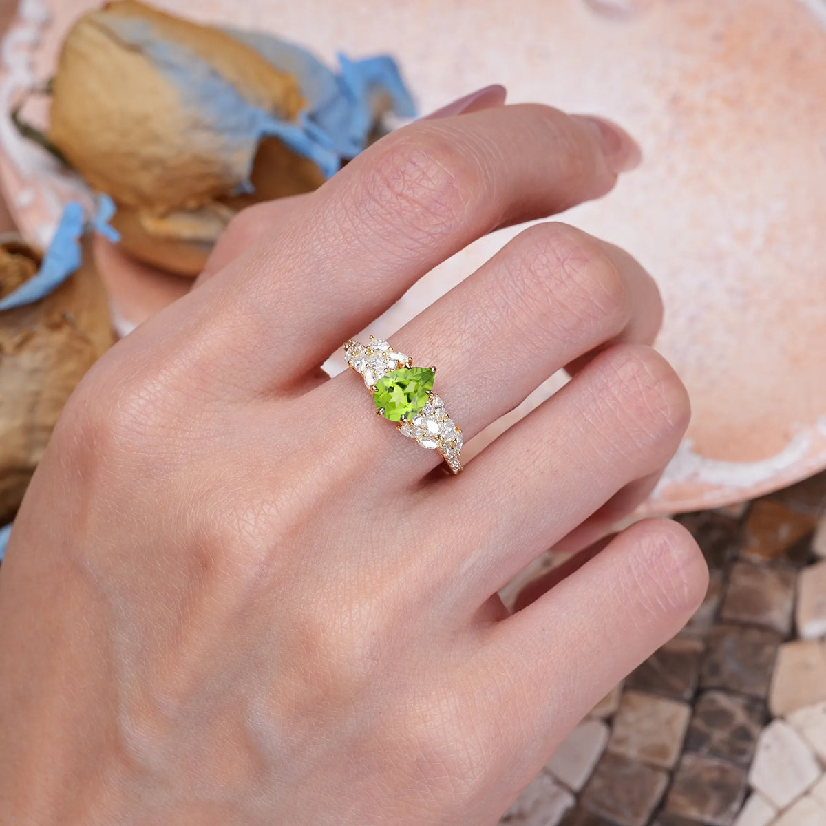 Pear Cut Peridot Luxurious Pavé-Set Diamonds, Unique 6-Prong Engagement Ring