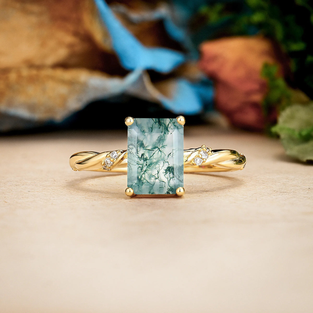 Emerald Cut Moss Agate Classic Luxury Twisted 4-Prong Engagement Ring