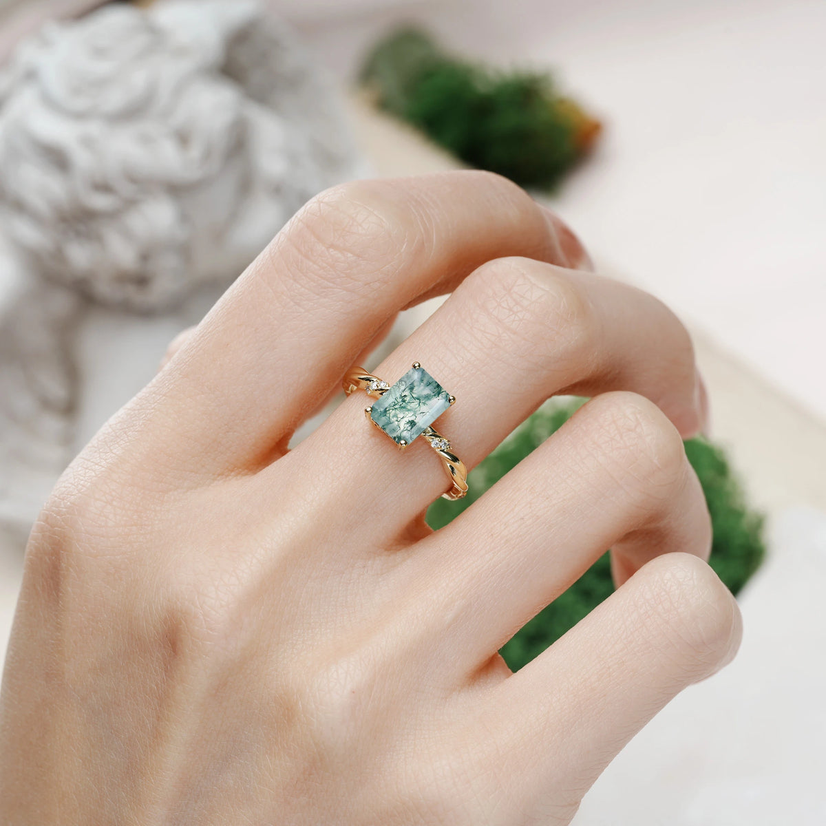 Emerald Cut Moss Agate Classic Luxury Twisted 4-Prong Engagement Ring