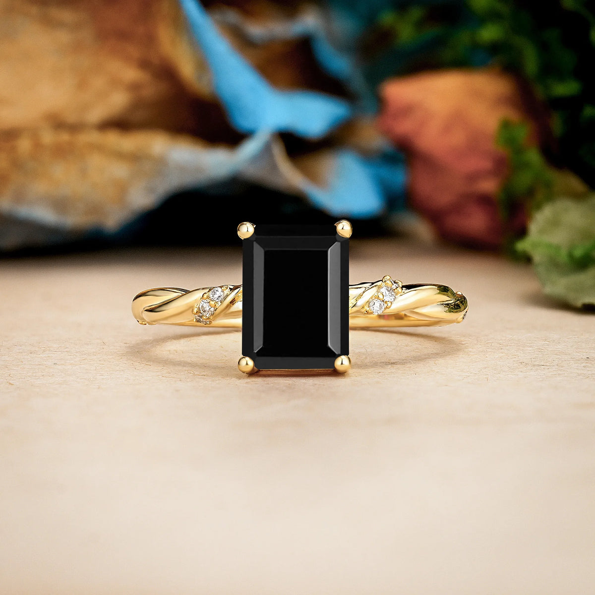 Emerald Cut Black Onyx Classic Luxury Twisted 4-Prong Engagement Ring