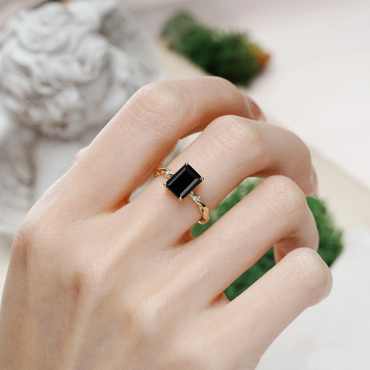 Emerald Cut Black Onyx Classic Luxury Twisted 4-Prong Engagement Ring
