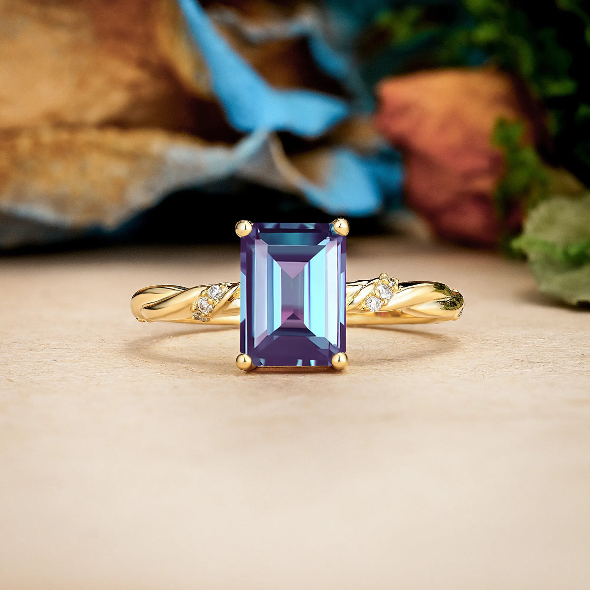 Emerald Cut Alexandrite Classic Luxury Twisted 4-Prong Engagement Ring
